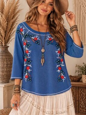 Angel + Premium Medium Blue Embroidered Floral Waffle Knit Boho Tunic Top